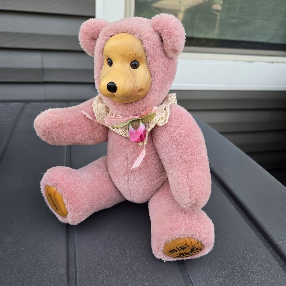 Robert Raikes Teddy Bear Pink Carved Wooden Face